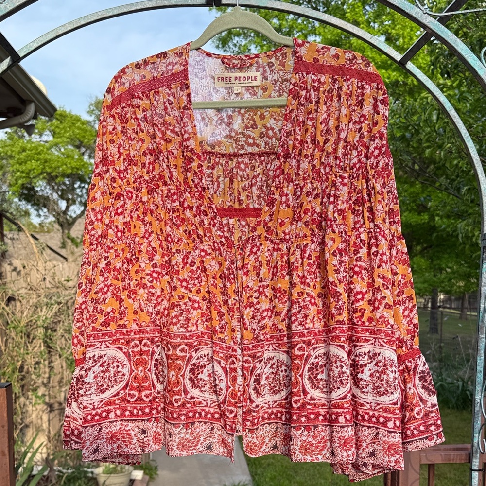 Free People Red and Yellow Floral Boho Peasant Blouse